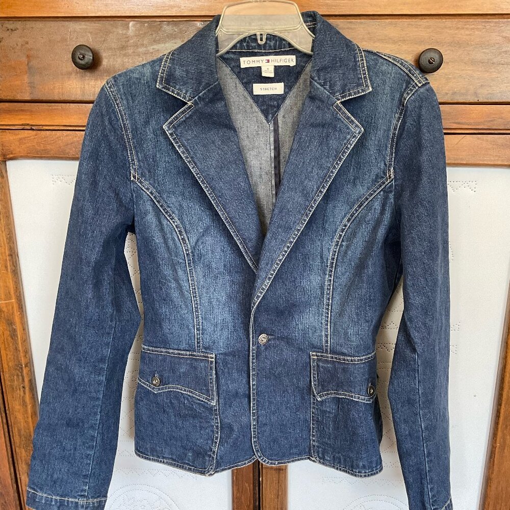 Tommy Hilfiger Women's 1 button Stretch jean jacket Denim Blazer Size 6
